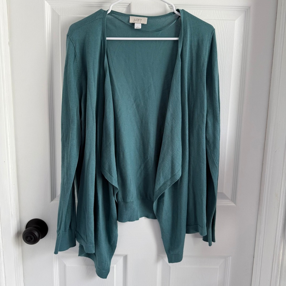 Loft Teal Green Open Front Draped Waterfall Cardigan Sweater Womens Large L